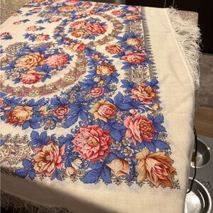 Floral Patterned Scarf with Blue and Pink Accents